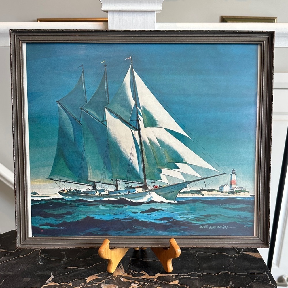 Vintage Hardie Gramatky 'Racing Home' Schooner Ship Print Mid-Century Wall Art